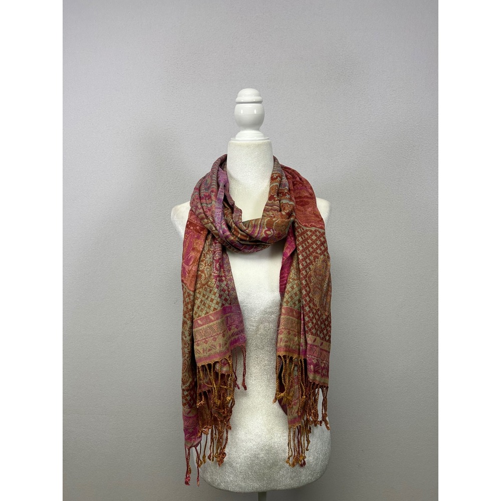 Boho Ethnic Unbranded Womens‎ OS Pink Orange Paisley Woven Fringe Pashmina Shawl